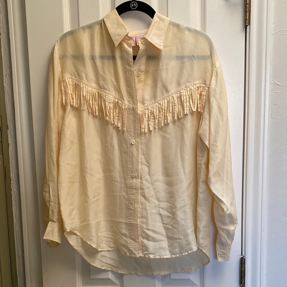 Vintage Western Wear style Button-Up Shirt with Fringe Small 100% silk